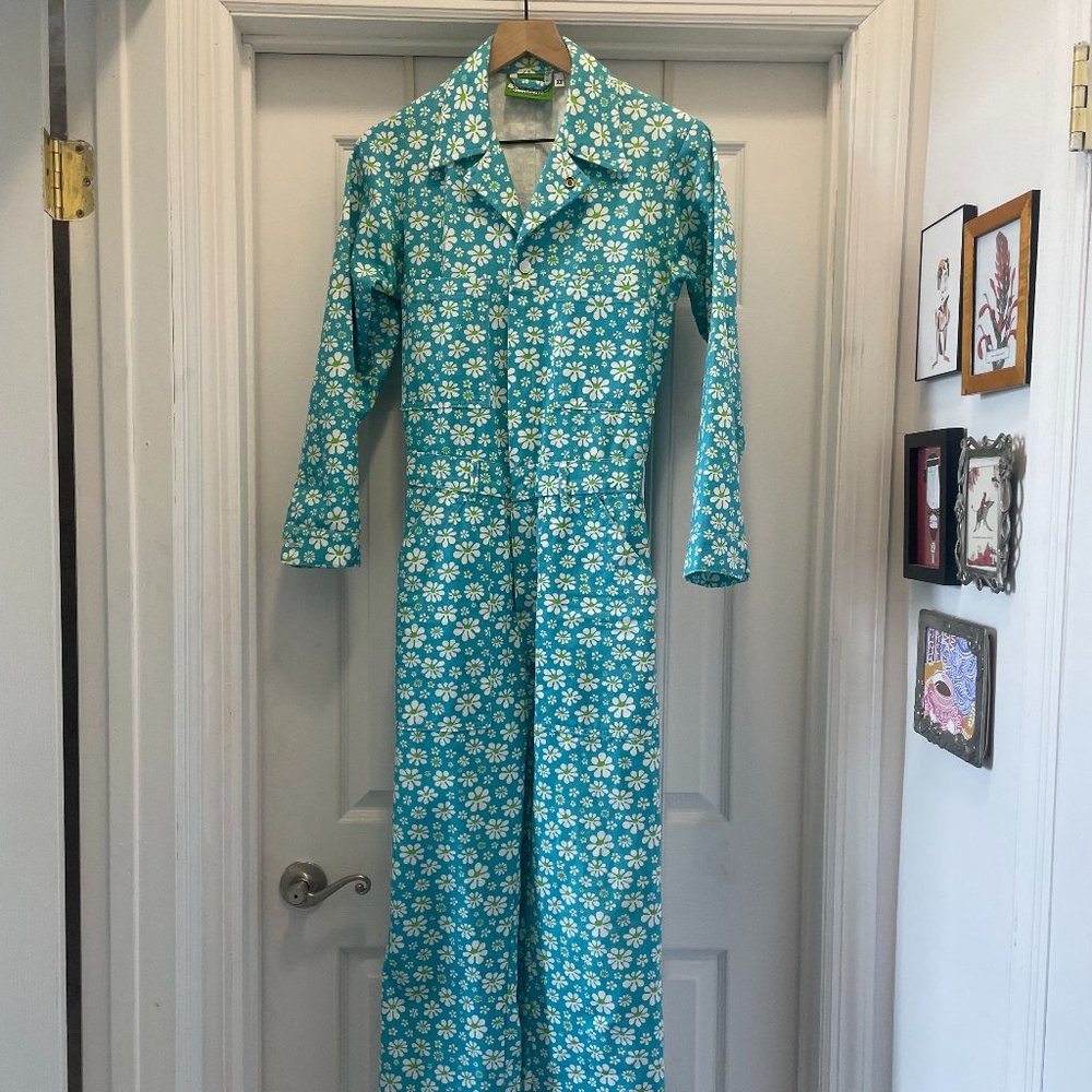 Big Bud Press Lazy Daisy Print Long Sleeve Jumpsuit - Blue/Green - XS
